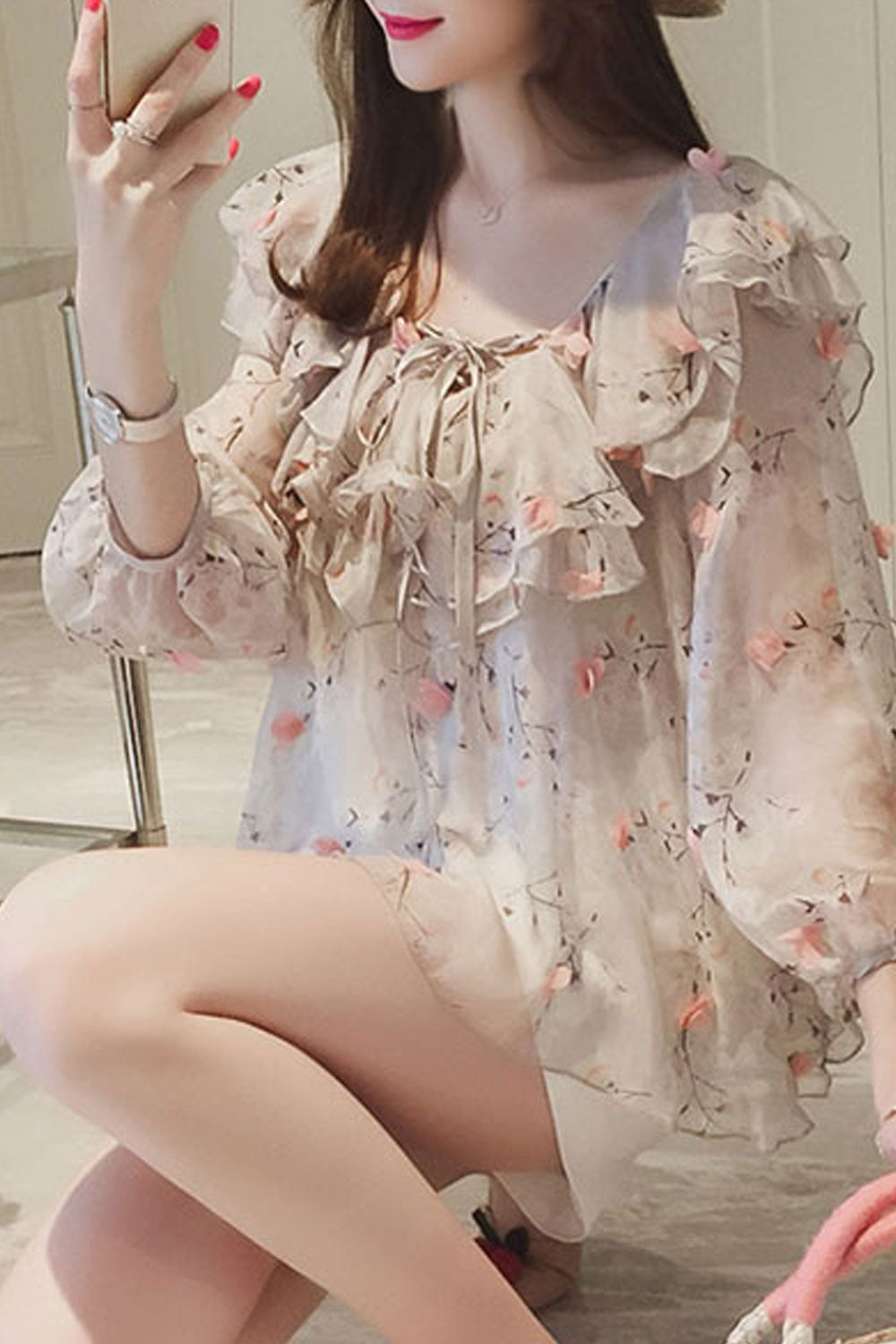 Women Flouncing Ruffle Neck Printed Decorated Blouse
