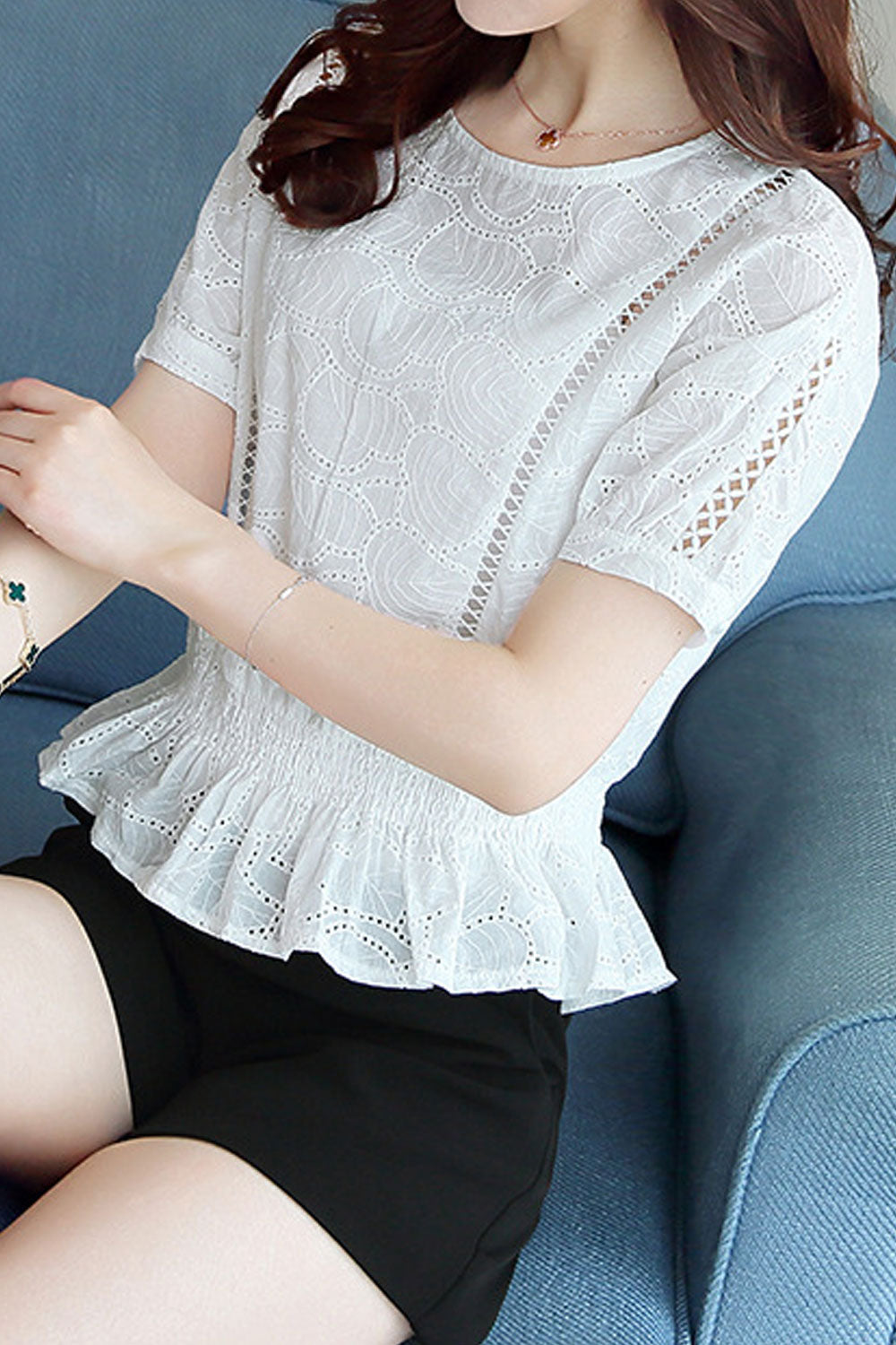 Women Hollow Lace Short Sleeve Peplum Top
