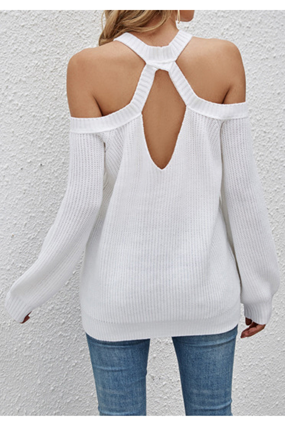 Women Comfortable Long Sleeve Cold Shoulder Superb Solid Colored Summer Casual Sweater