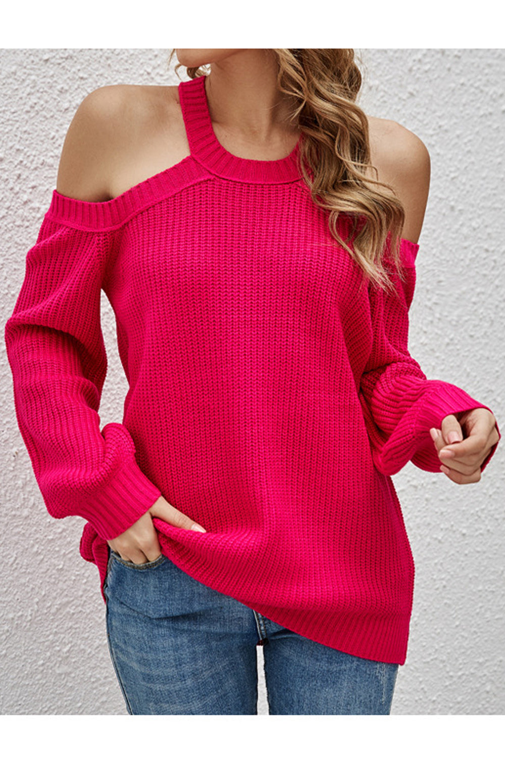 Women Comfortable Long Sleeve Cold Shoulder Superb Solid Colored Summer Casual Sweater