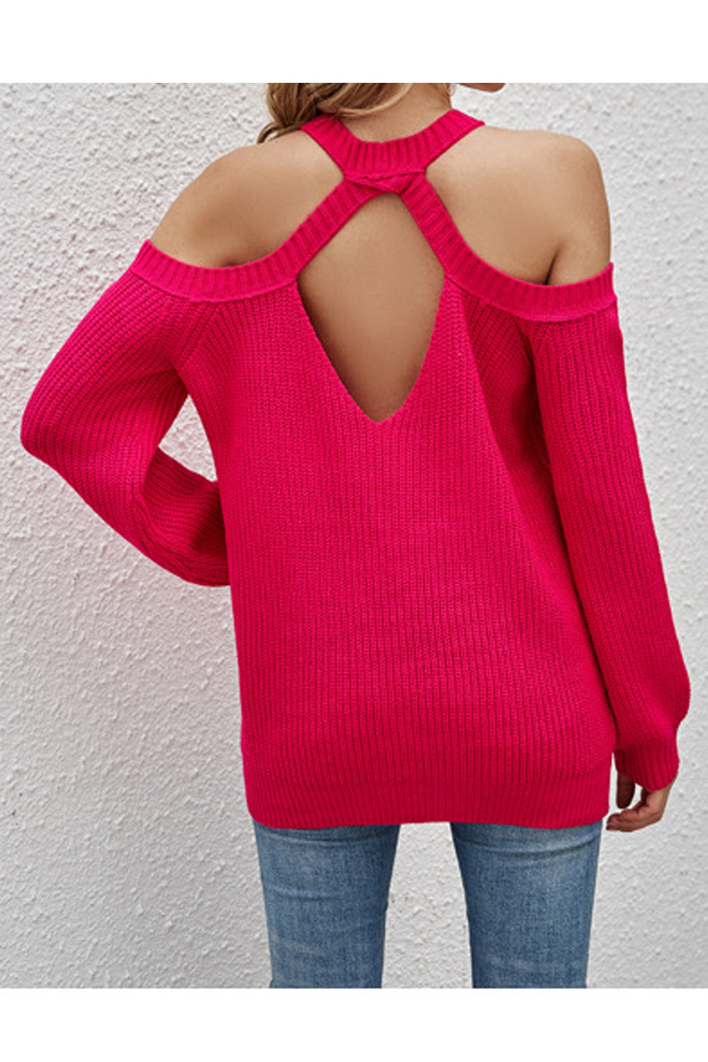 Women Comfortable Long Sleeve Cold Shoulder Superb Solid Colored Summer Casual Sweater
