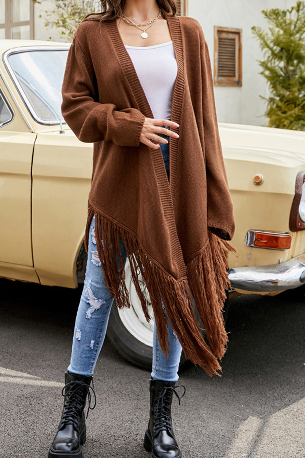 Women Beautiful Solid Colored Thick Long Sleeve Comfortable Front Open Warm Tessel Hem Cardigan