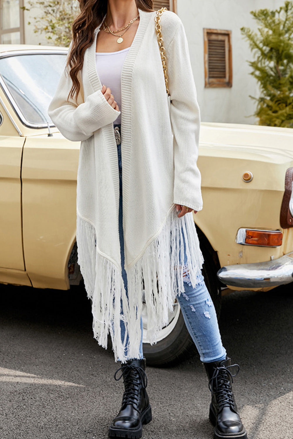 Women Beautiful Solid Colored Thick Long Sleeve Comfortable Front Open Warm Tessel Hem Cardigan