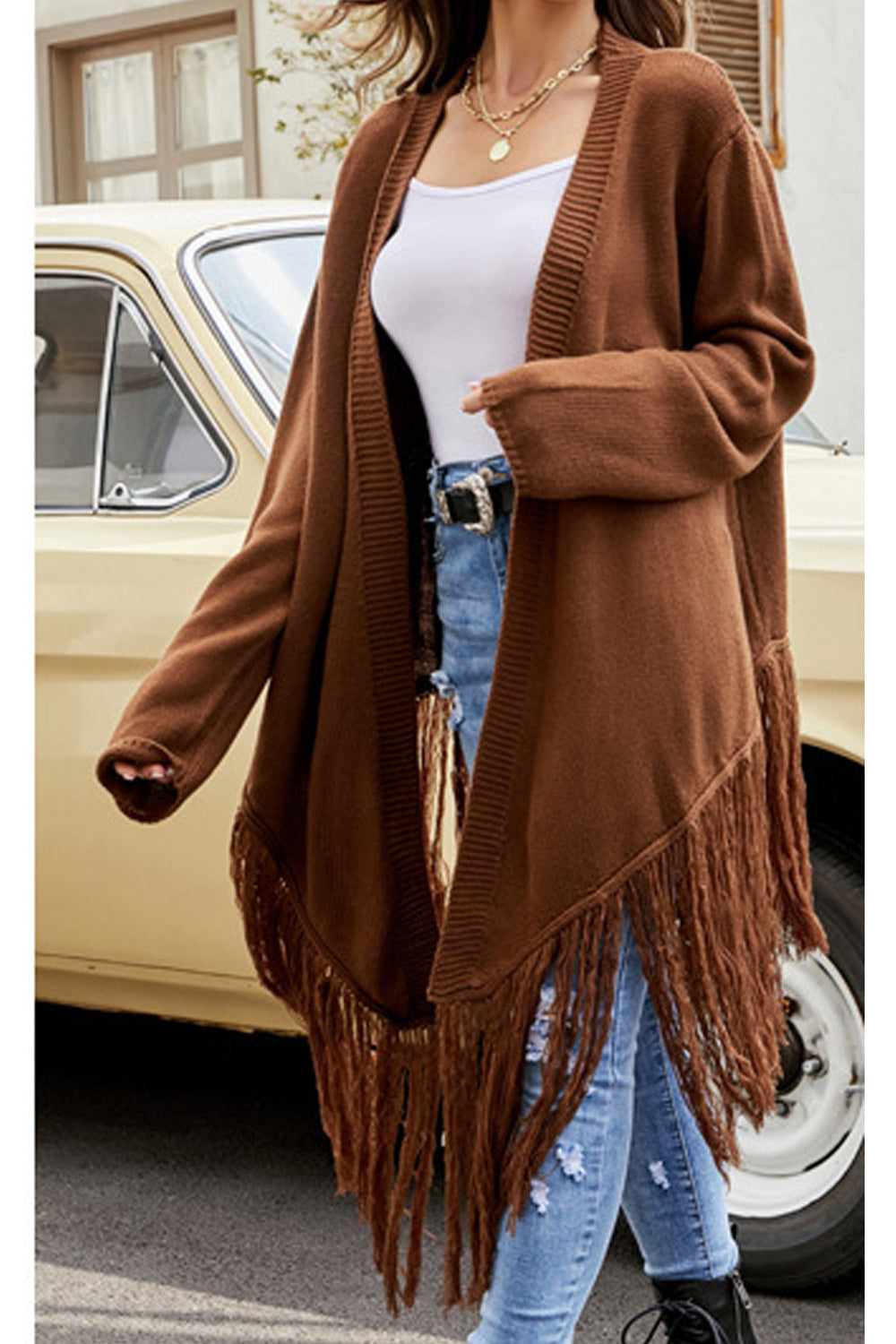 Women Beautiful Solid Colored Thick Long Sleeve Comfortable Front Open Warm Tessel Hem Cardigan