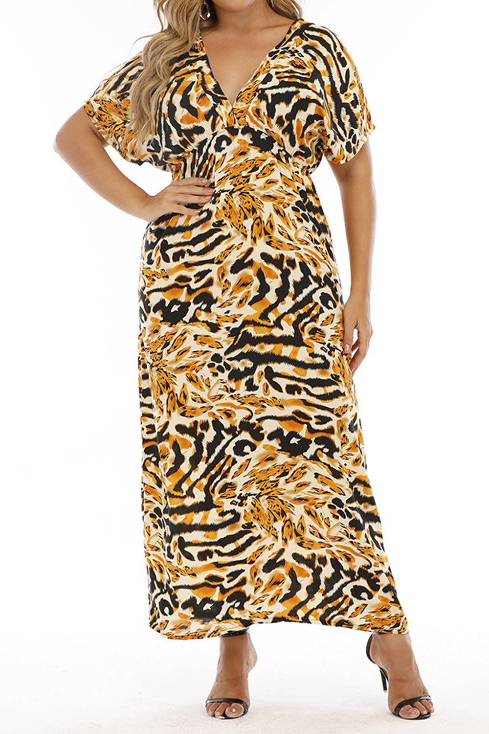 Women Plus Relax Fit Short Sleeve V-Neck Awesome Leopard Pattern Long Length Breathable Summer Dress