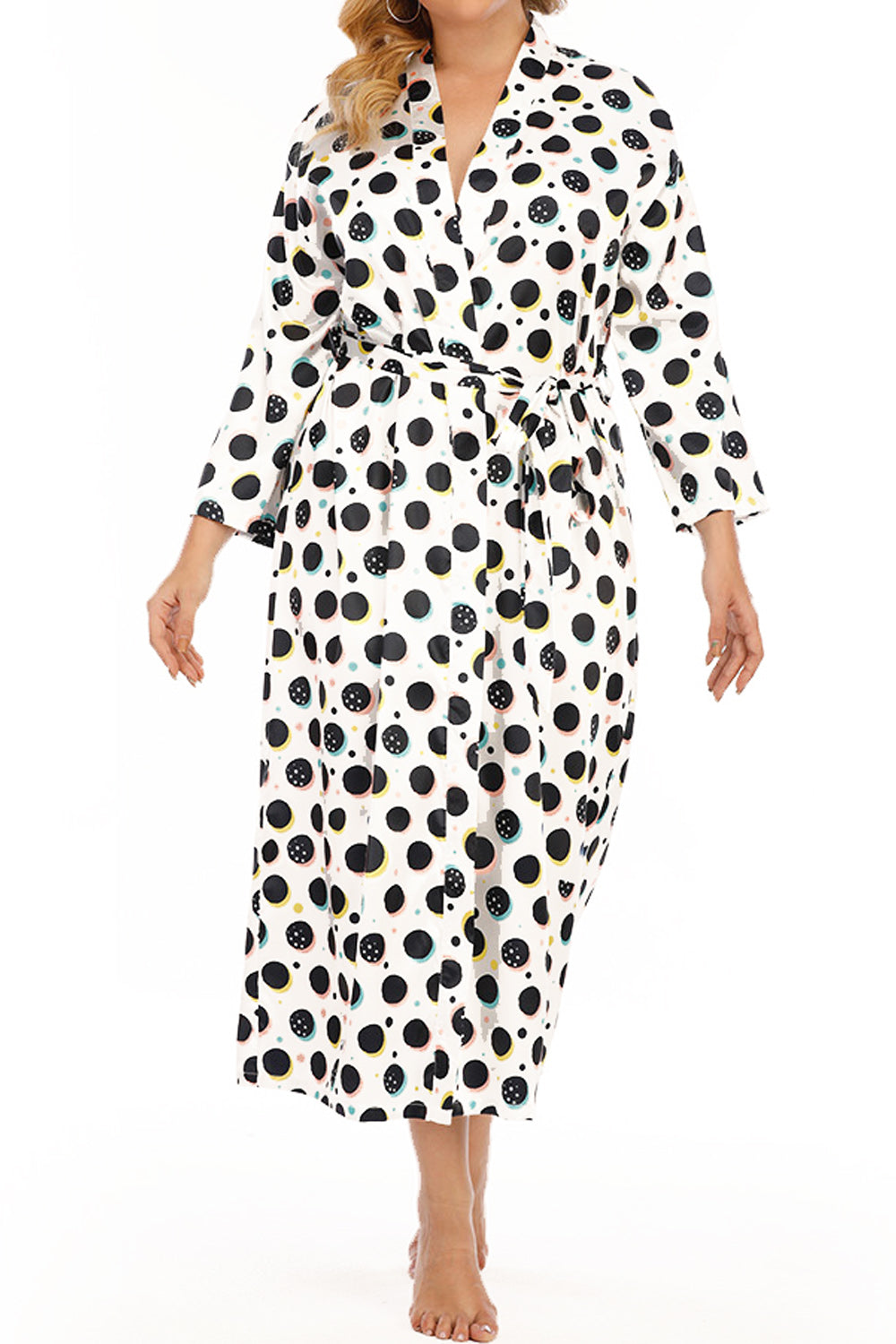 Women Plus Easy Tie Waist Trendy Polka Dotted Pattern Long Sleeve Mid Length V-Neck Smooth Dress