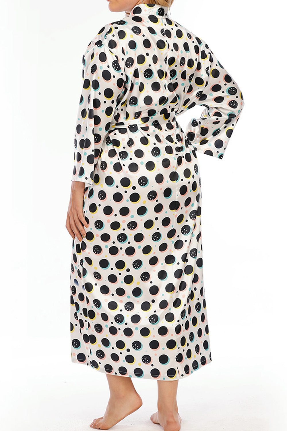 Women Plus Easy Tie Waist Trendy Polka Dotted Pattern Long Sleeve Mid Length V-Neck Smooth Dress
