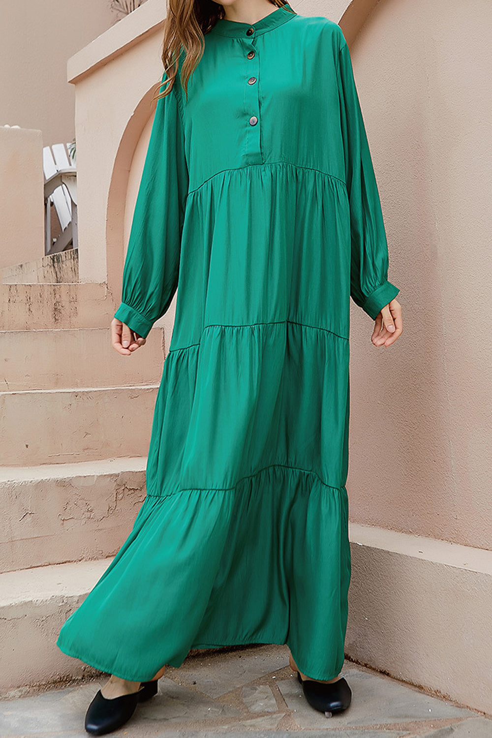 Women Plus Superb Solid Colored Long Sleeve Stand Up Collar Long Length Button Closure Dress