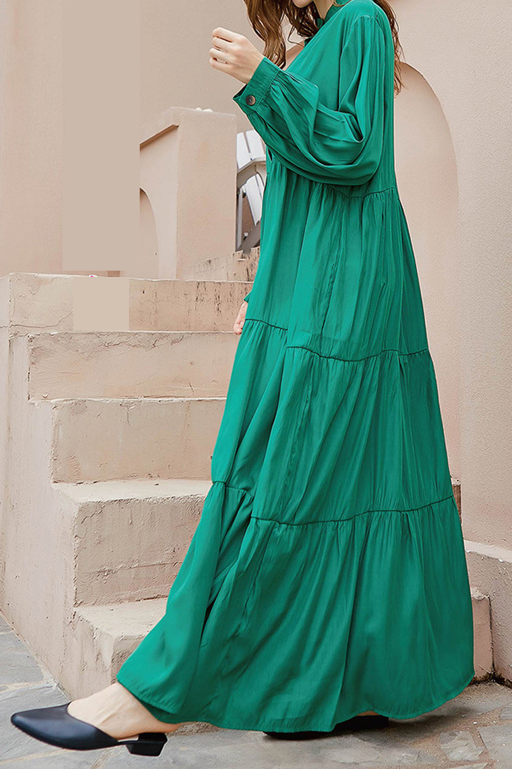 Women Plus Superb Solid Colored Long Sleeve Stand Up Collar Long Length Button Closure Dress
