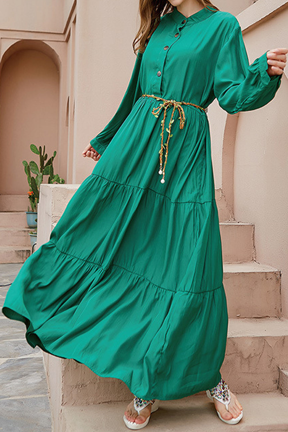 Women Plus Superb Solid Colored Long Sleeve Stand Up Collar Long Length Button Closure Dress