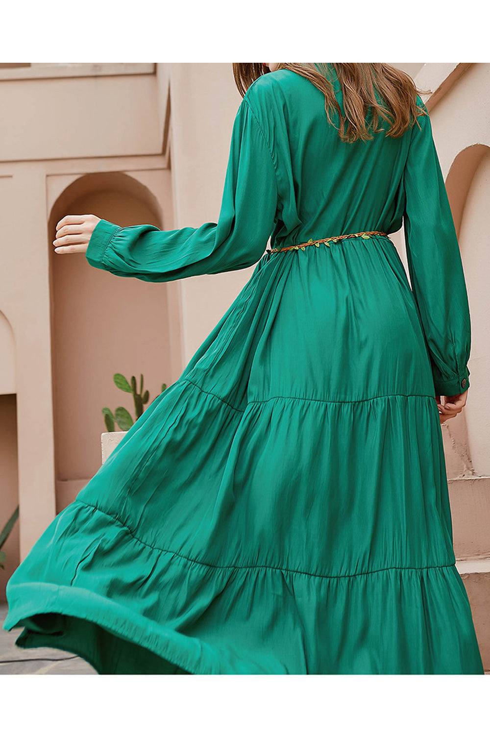 Women Plus Superb Solid Colored Long Sleeve Stand Up Collar Long Length Button Closure Dress