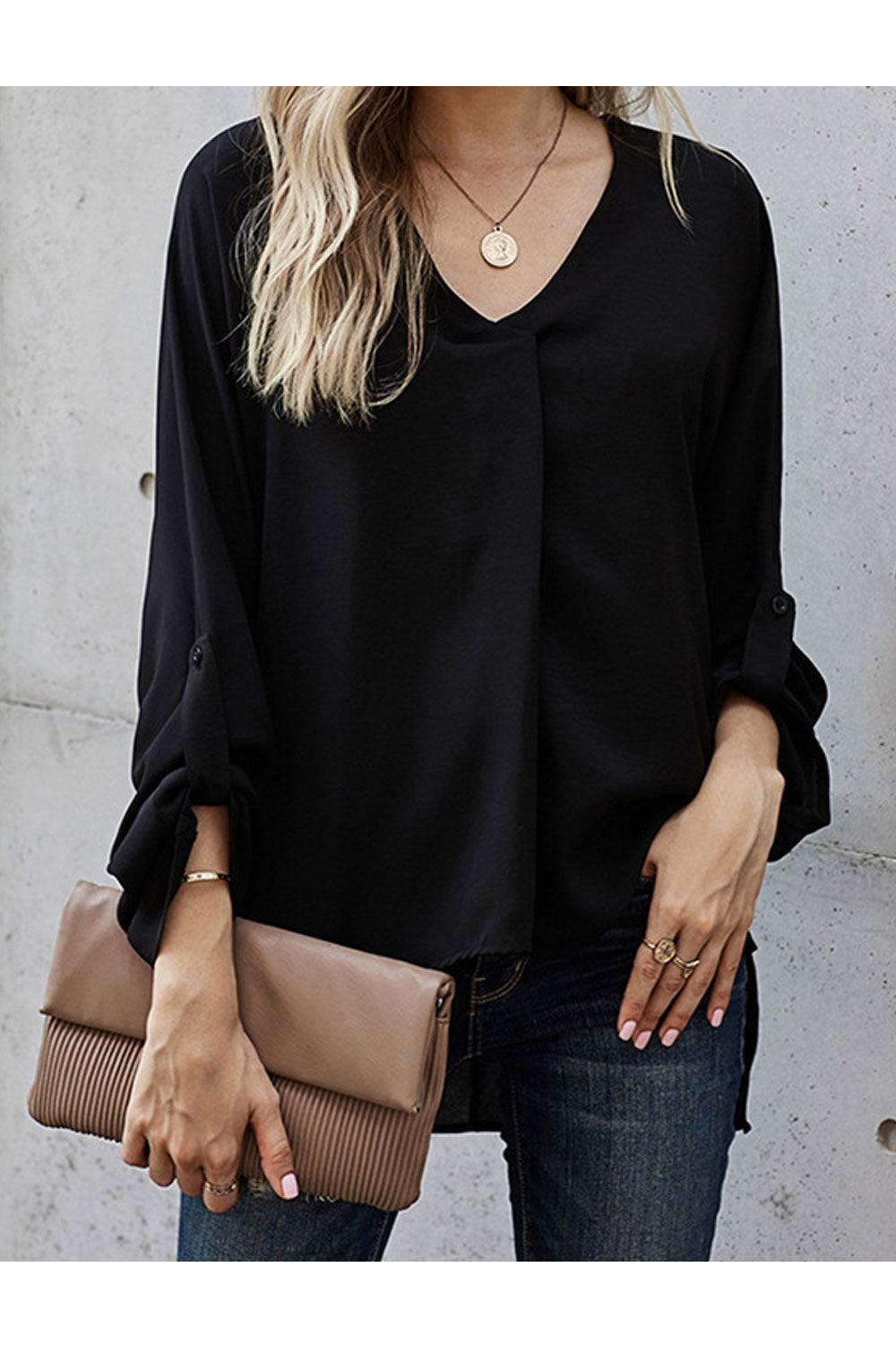 Women Plus Solid Pattern V-Neck Long Sleeve Lovely Shirt