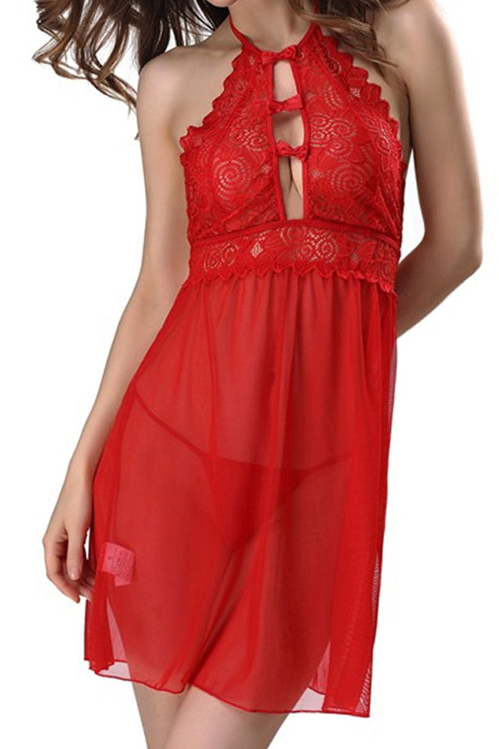 Women Breathable Sea Through Elegent Solid Colored Hollow Bust Halter Neck Awesome Nightwear Lingerie