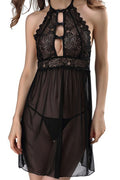Women Breathable Sea Through Elegent Solid Colored Hollow Bust Halter Neck Awesome Nightwear Lingerie
