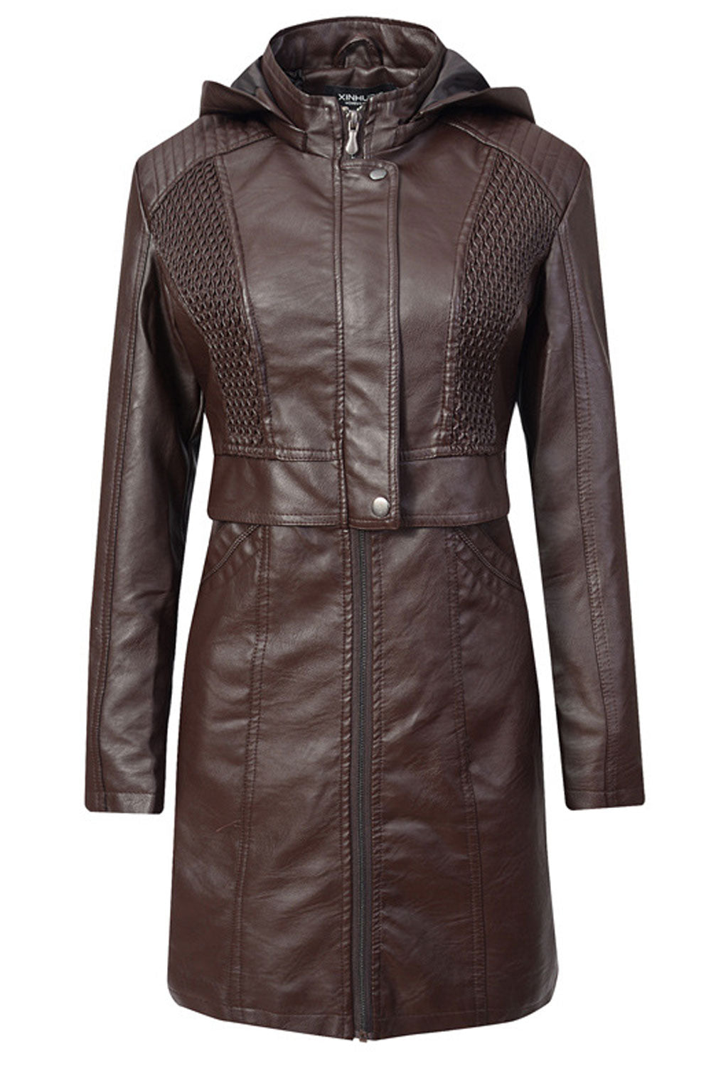Women Thick Mid Length Modern Long Sleeve Zip Up Outdoor Windproof Solid Pattern PU Leather Jacket