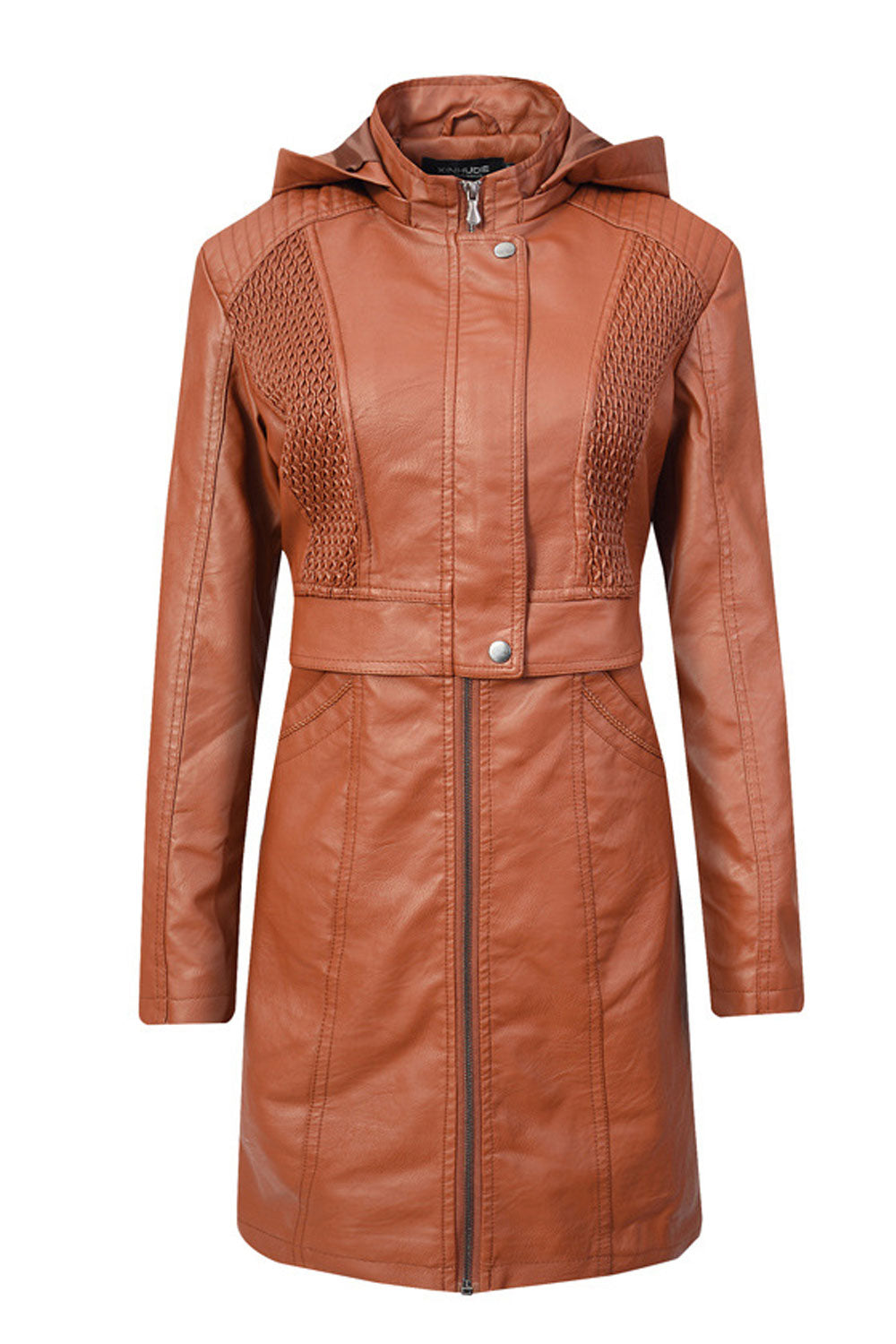 Women Thick Mid Length Modern Long Sleeve Zip Up Outdoor Windproof Solid Pattern PU Leather Jacket