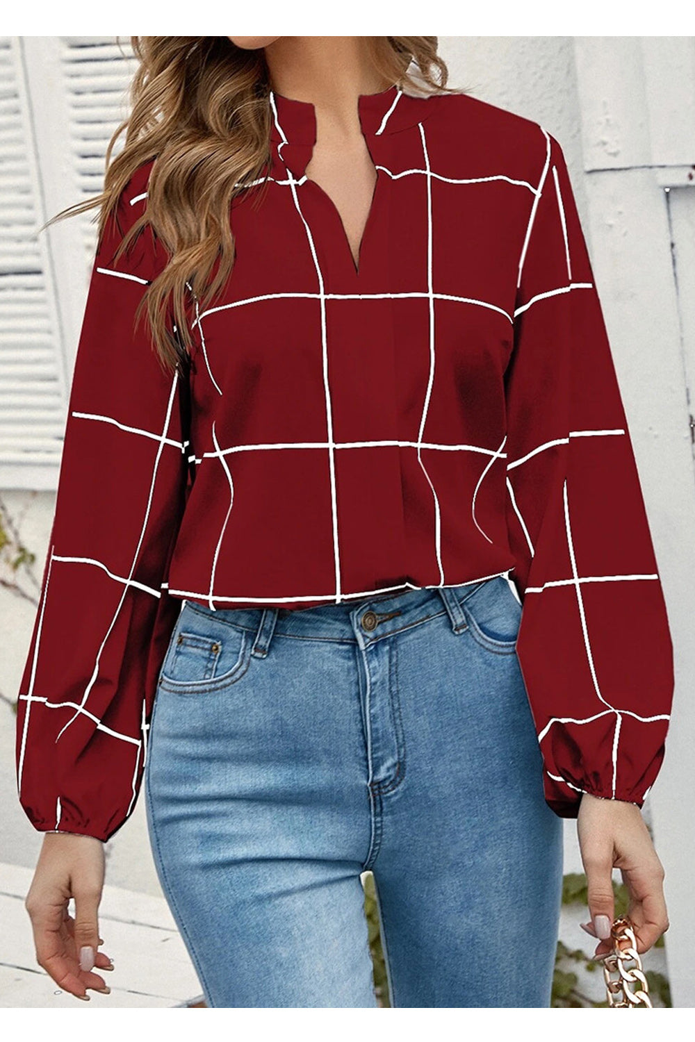 Women Comfortable Stand Up Collar Loose Long Sleeve Fantastic Lattice Pattern Amazing Casual Shirt