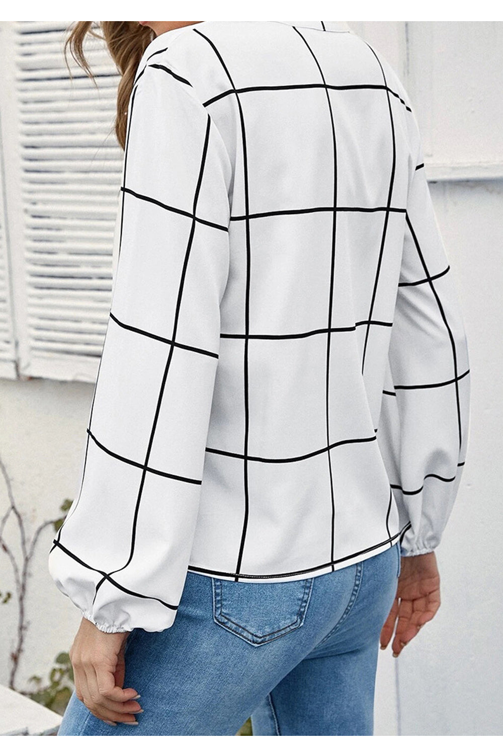 Women Comfortable Stand Up Collar Loose Long Sleeve Fantastic Lattice Pattern Amazing Casual Shirt