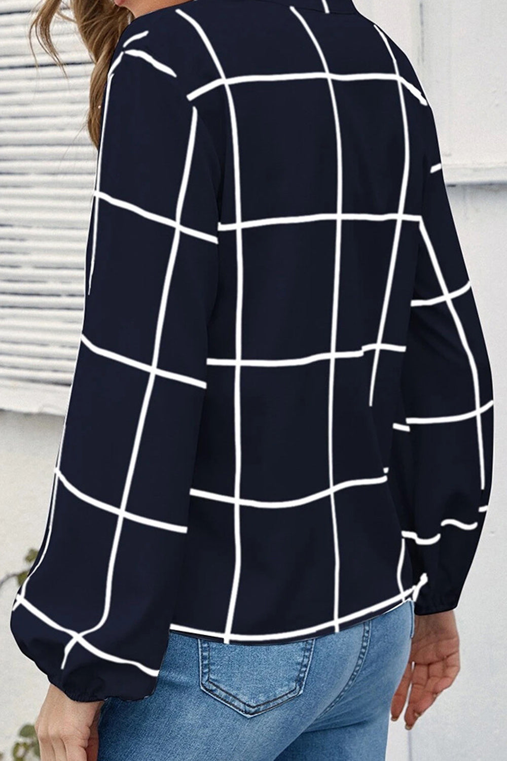 Women Comfortable Stand Up Collar Loose Long Sleeve Fantastic Lattice Pattern Amazing Casual Shirt