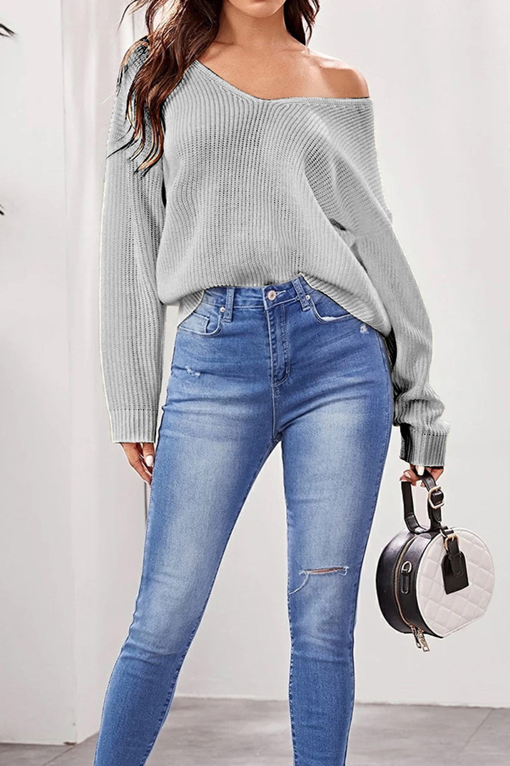 Women Stylish Knitted Long Sleeve Elegent Solid Colored V-Neck Summer Casual Sweater