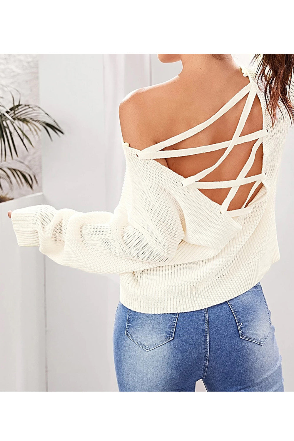 Women Stylish Knitted Long Sleeve Elegent Solid Colored V-Neck Summer Casual Sweater