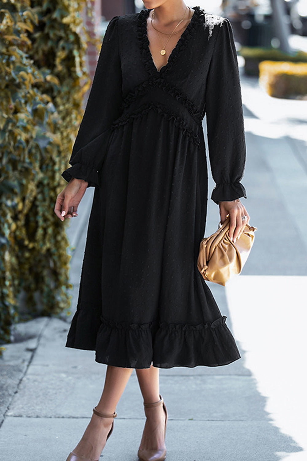 Women Outstanding Solid Colored Long Sleeve Easy V-Neck Mid Length Fashionable Dress