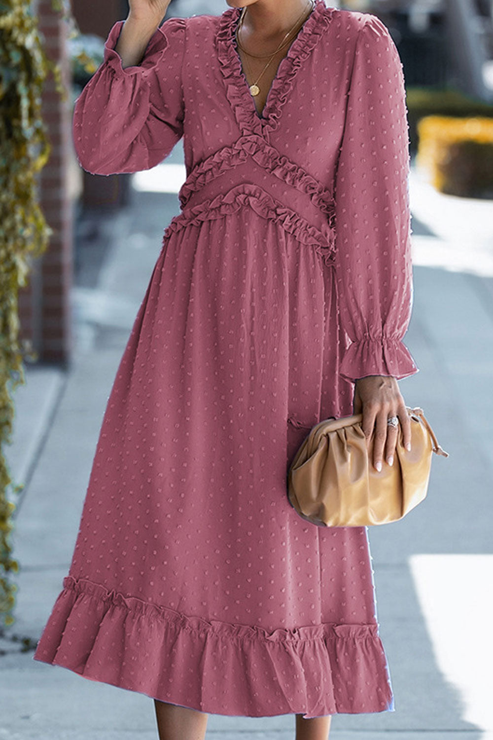 Women Outstanding Solid Colored Long Sleeve Easy V-Neck Mid Length Fashionable Dress