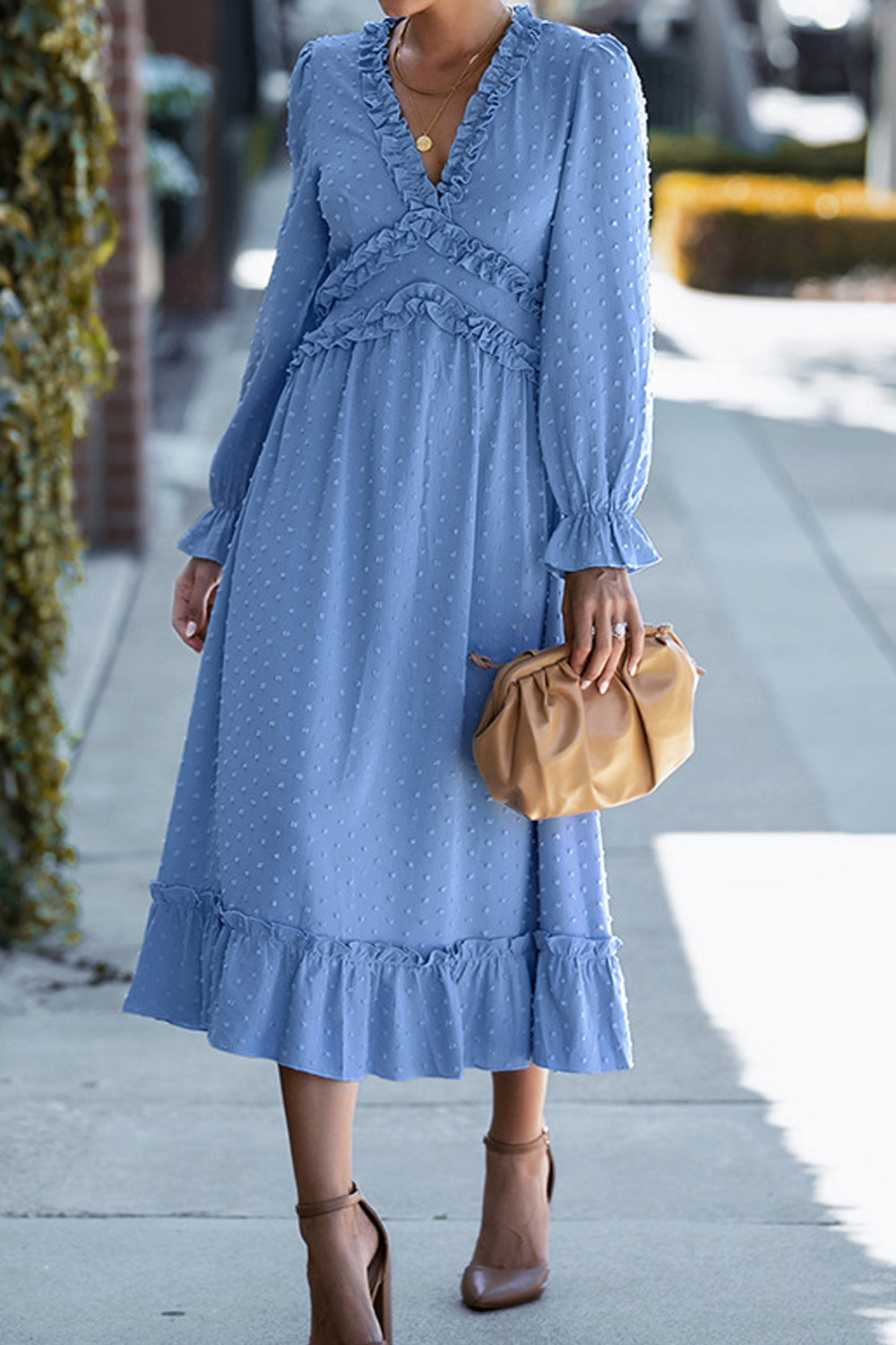 Women Outstanding Solid Colored Long Sleeve Easy V-Neck Mid Length Fashionable Dress