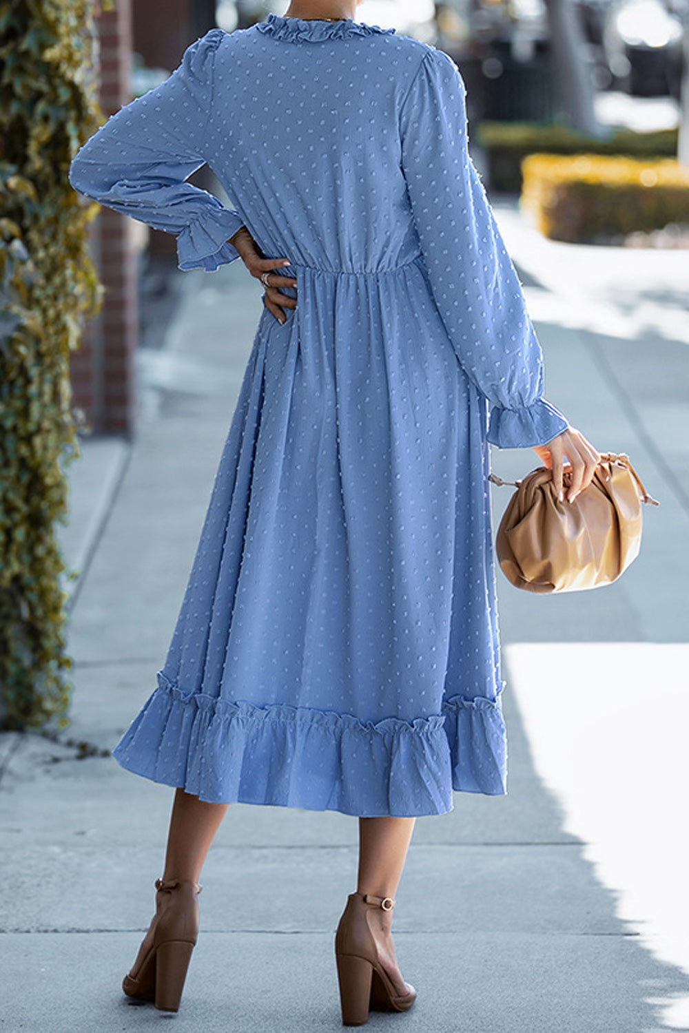 Women Outstanding Solid Colored Long Sleeve Easy V-Neck Mid Length Fashionable Dress