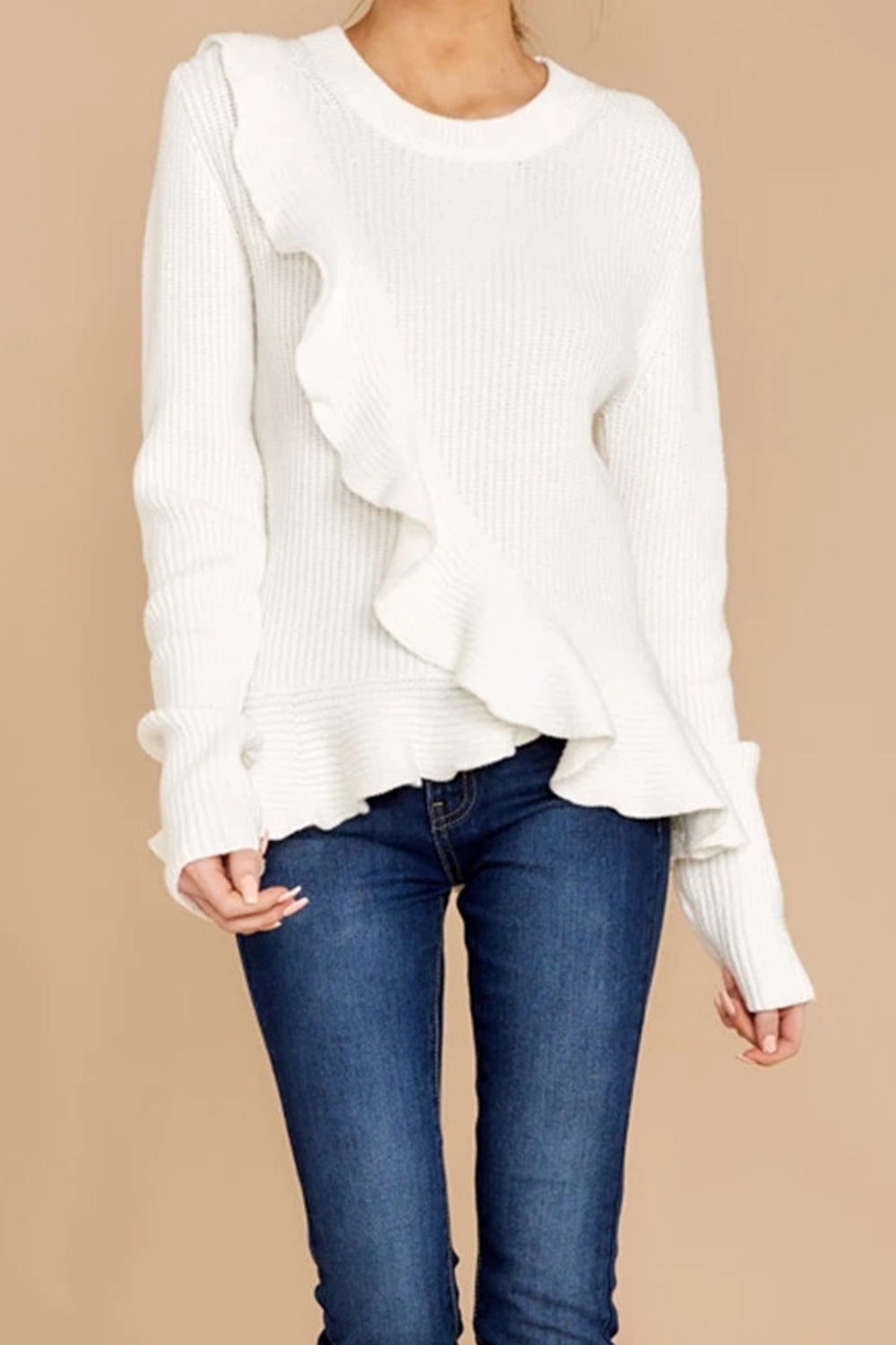Women Lovely Ruffled Decorated Long Sleeve Sweater