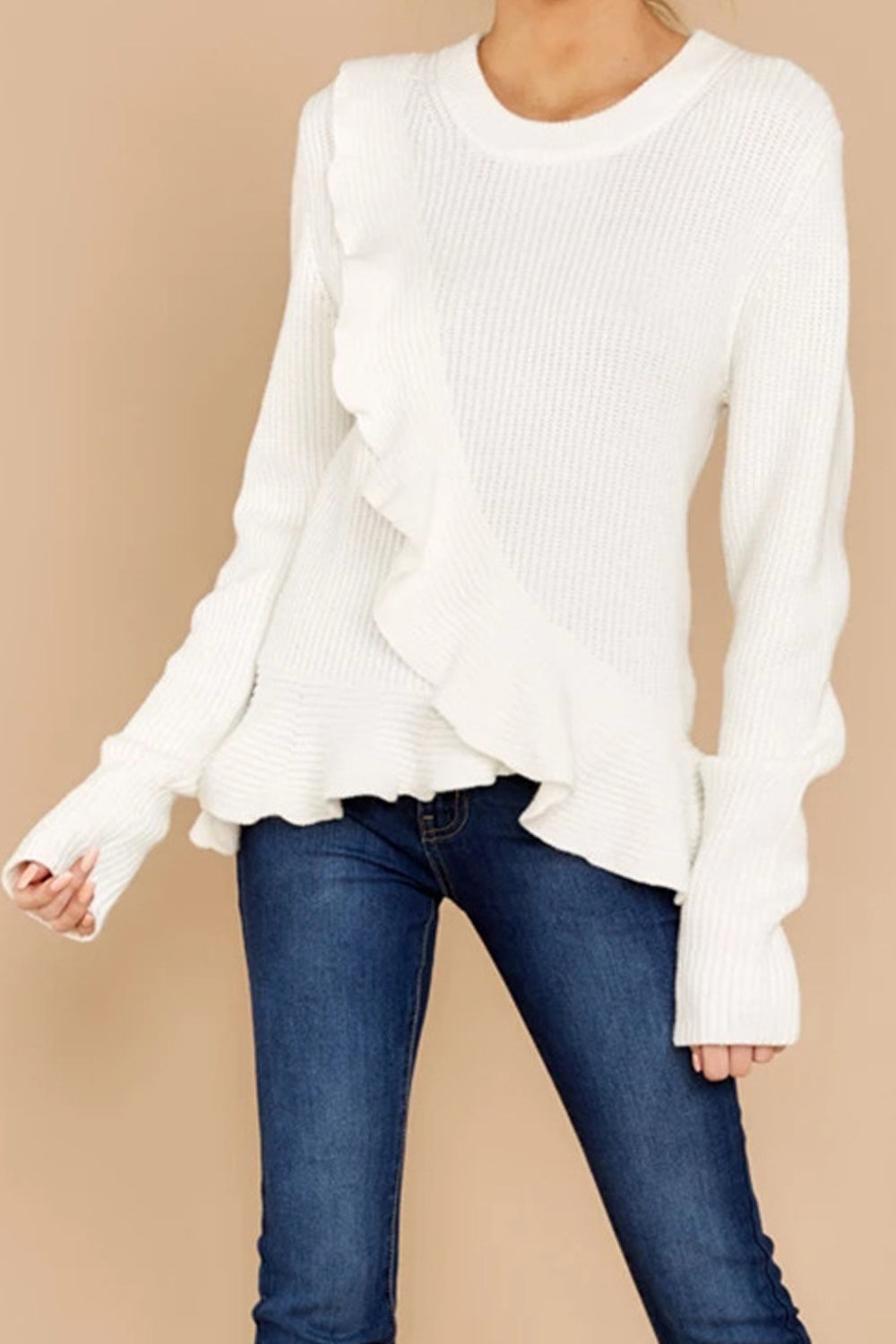 Women Lovely Ruffled Decorated Long Sleeve Sweater