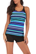 Women Striped Pattern Round Neck Sleeveless Summer Beach Swimwear