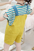 Kids Girls Cute Striped Pattern Top Solid Colored Bib Two Piece Outfit