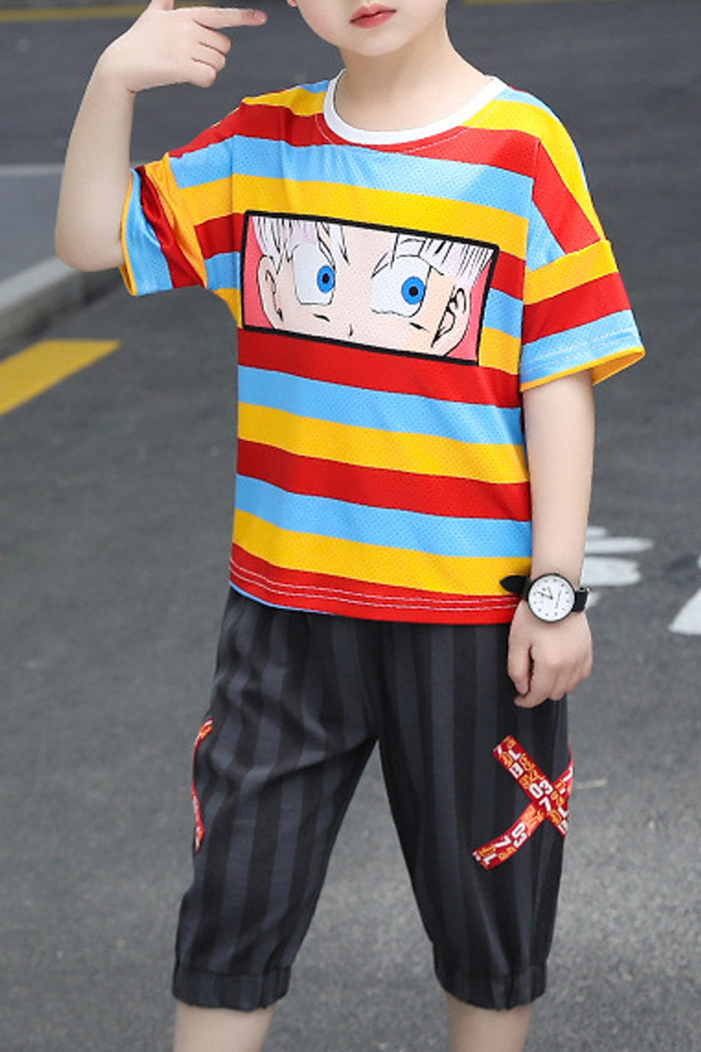 Kids Boys Cartoon Printed Loose Short Sleeve Pocket Styling Outfit
