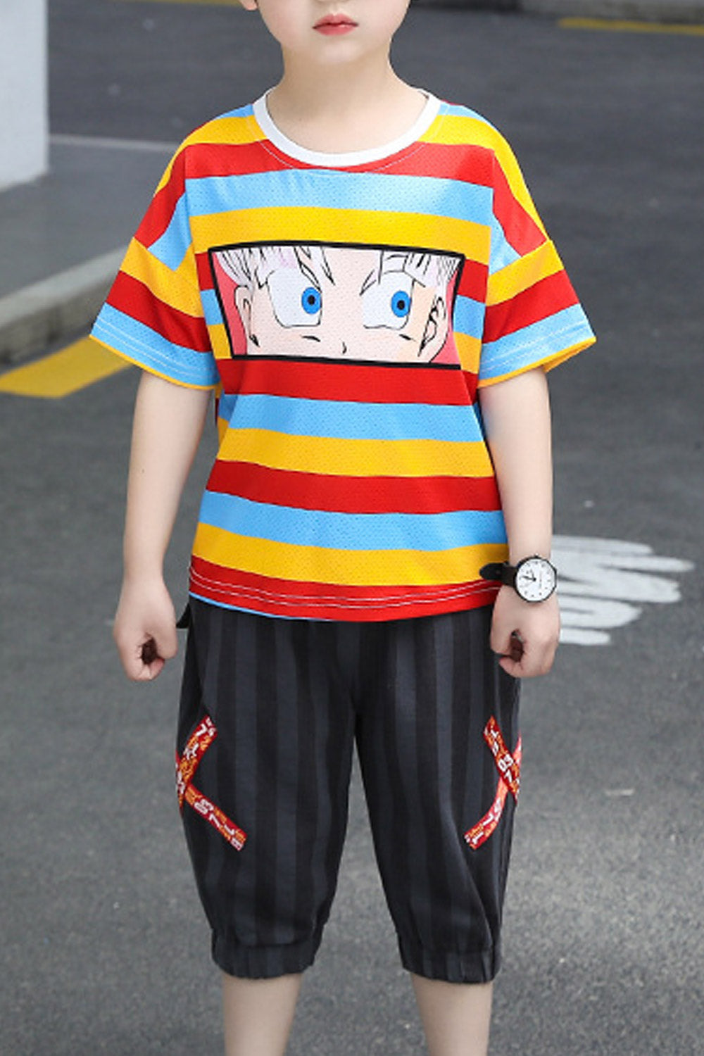 Kids Boys Cartoon Printed Loose Short Sleeve Pocket Styling Outfit