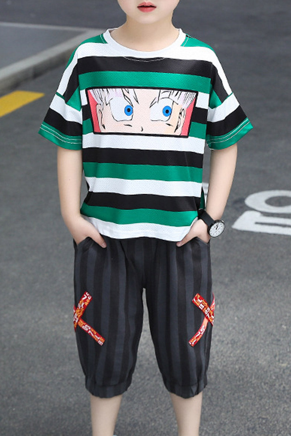 Kids Boys Cartoon Printed Loose Short Sleeve Pocket Styling Outfit