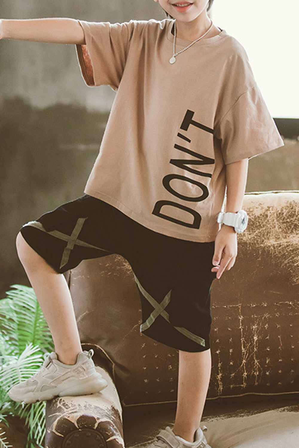 Kids Boys Stylish Cartoon Printed Round Neck Loose Ventilated Summer Outfit Set