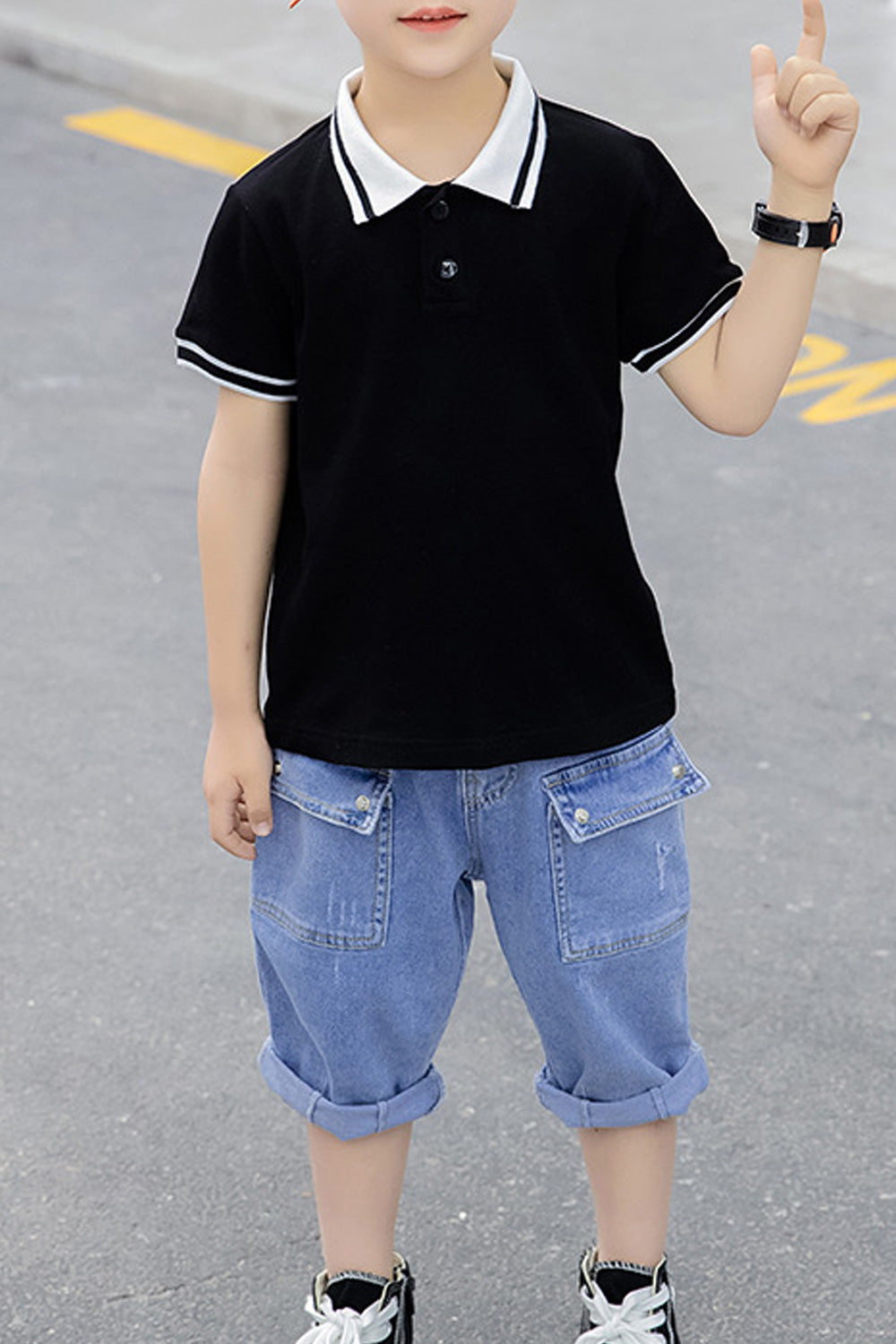 Kids Boys Collar Neck Short Sleeve Solid Colored Elegant Two Piece Summer Outfit Set