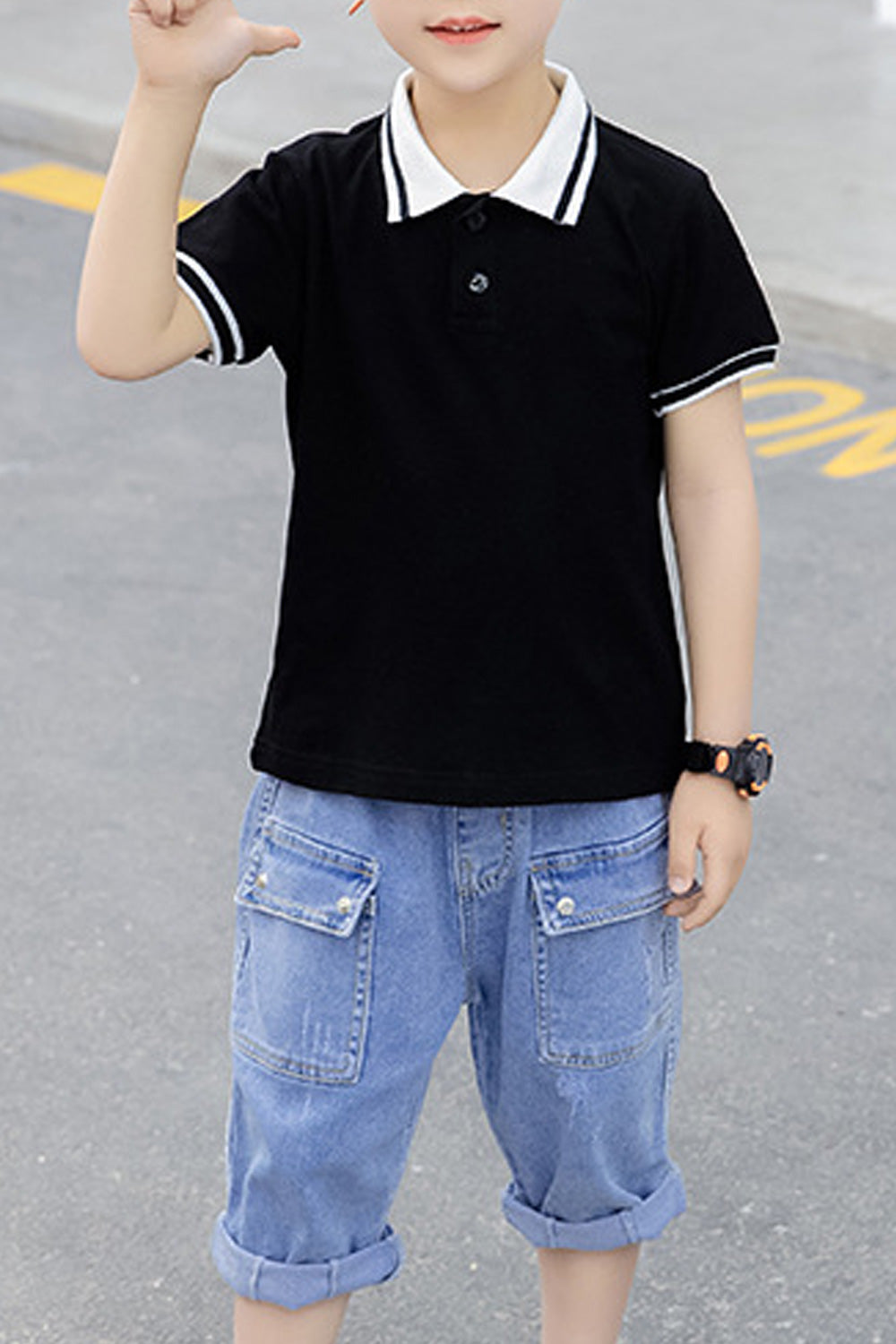 Kids Boys Collar Neck Short Sleeve Solid Colored Elegant Two Piece Summer Outfit Set
