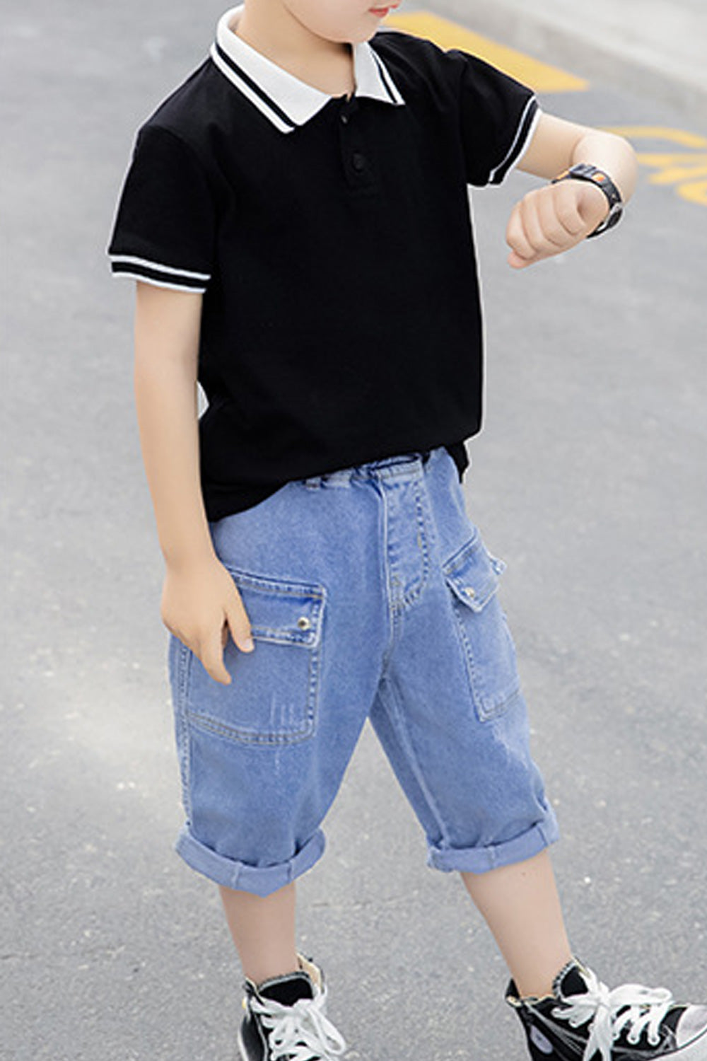 Kids Boys Collar Neck Short Sleeve Solid Colored Elegant Two Piece Summer Outfit Set