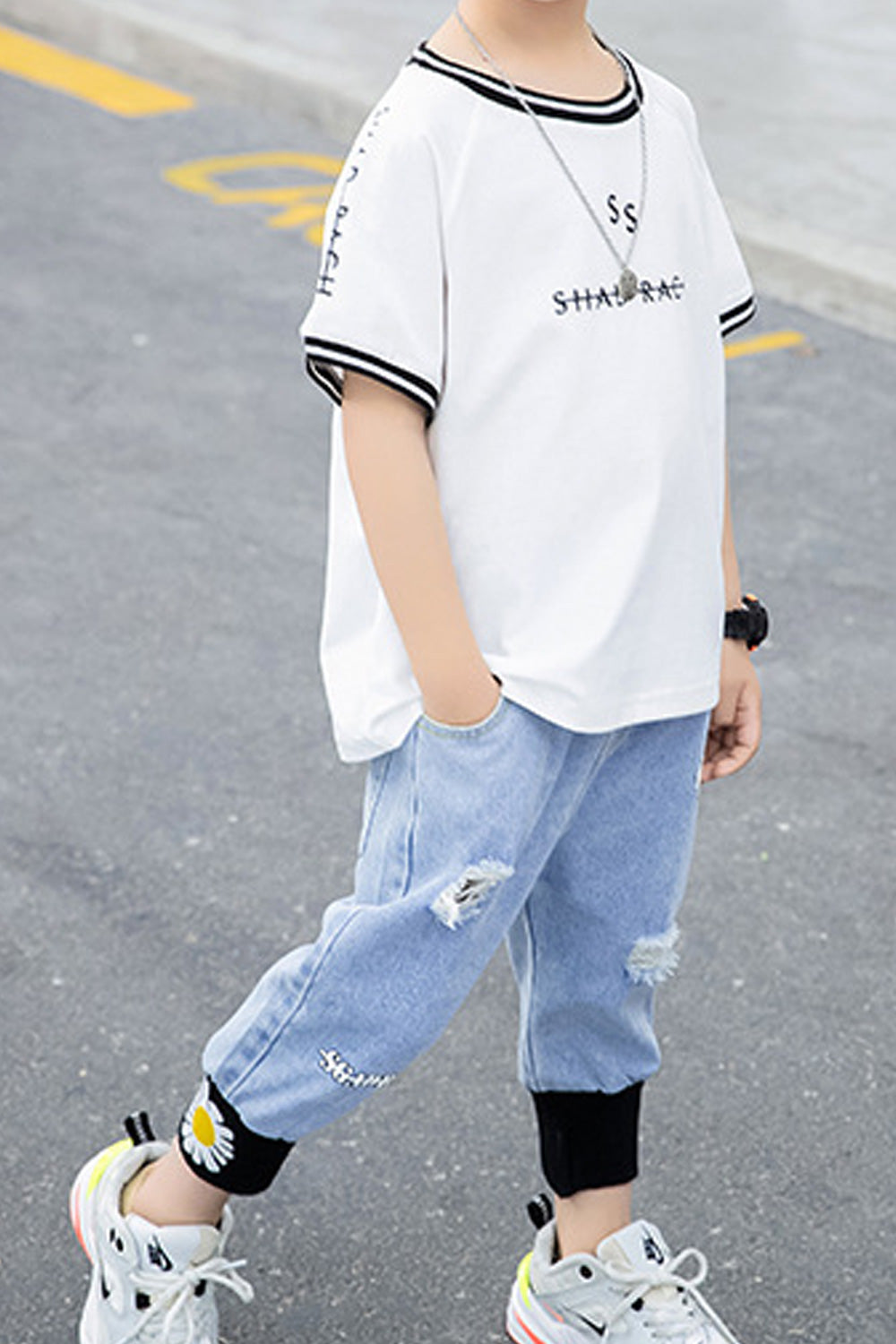Kids Boys Shredded Style Bottom Round Neck Loose Summer Outfit Set