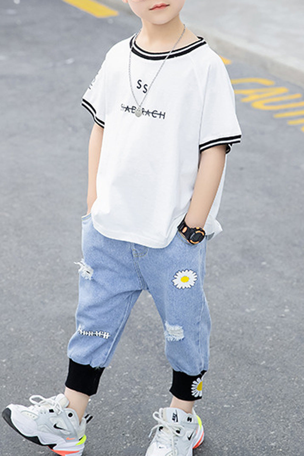 Kids Boys Shredded Style Bottom Round Neck Loose Summer Outfit Set