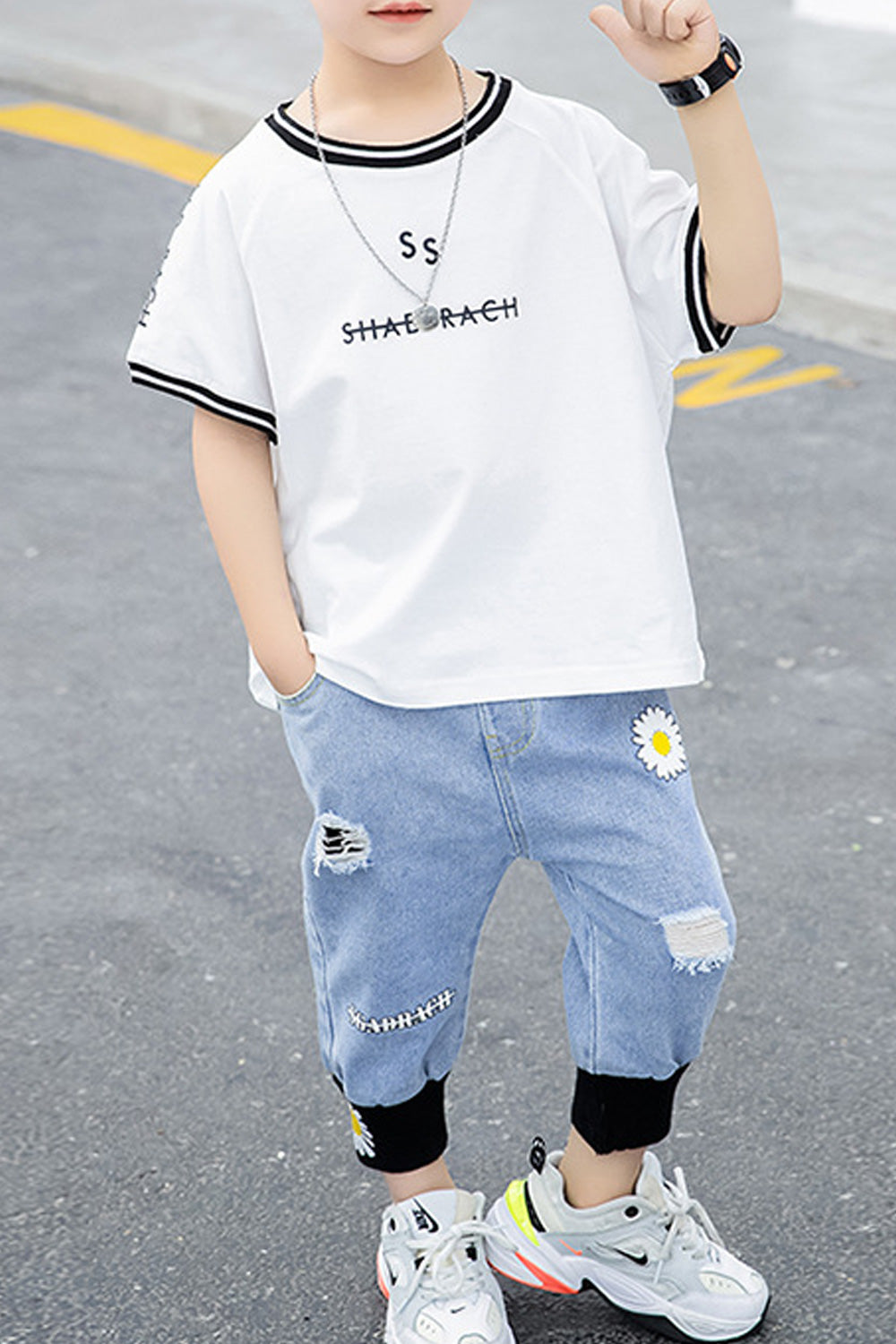 Kids Boys Shredded Style Bottom Round Neck Loose Summer Outfit Set