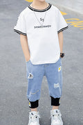 Kids Boys Shredded Style Bottom Round Neck Loose Summer Outfit Set
