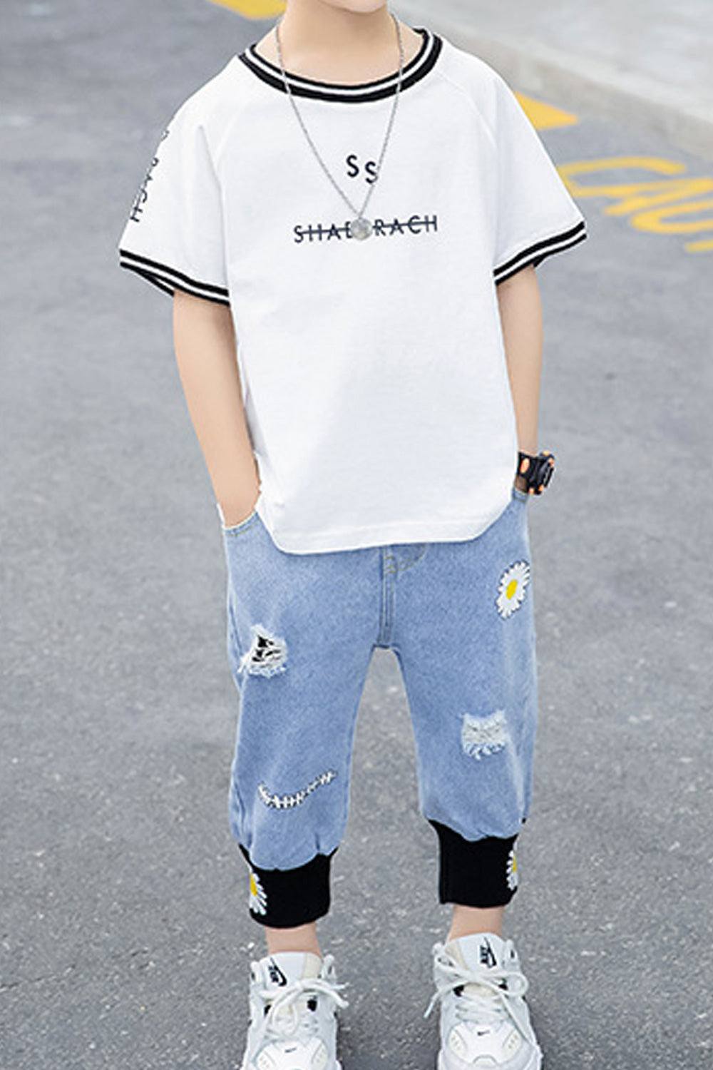 Kids Boys Shredded Style Bottom Round Neck Loose Summer Outfit Set