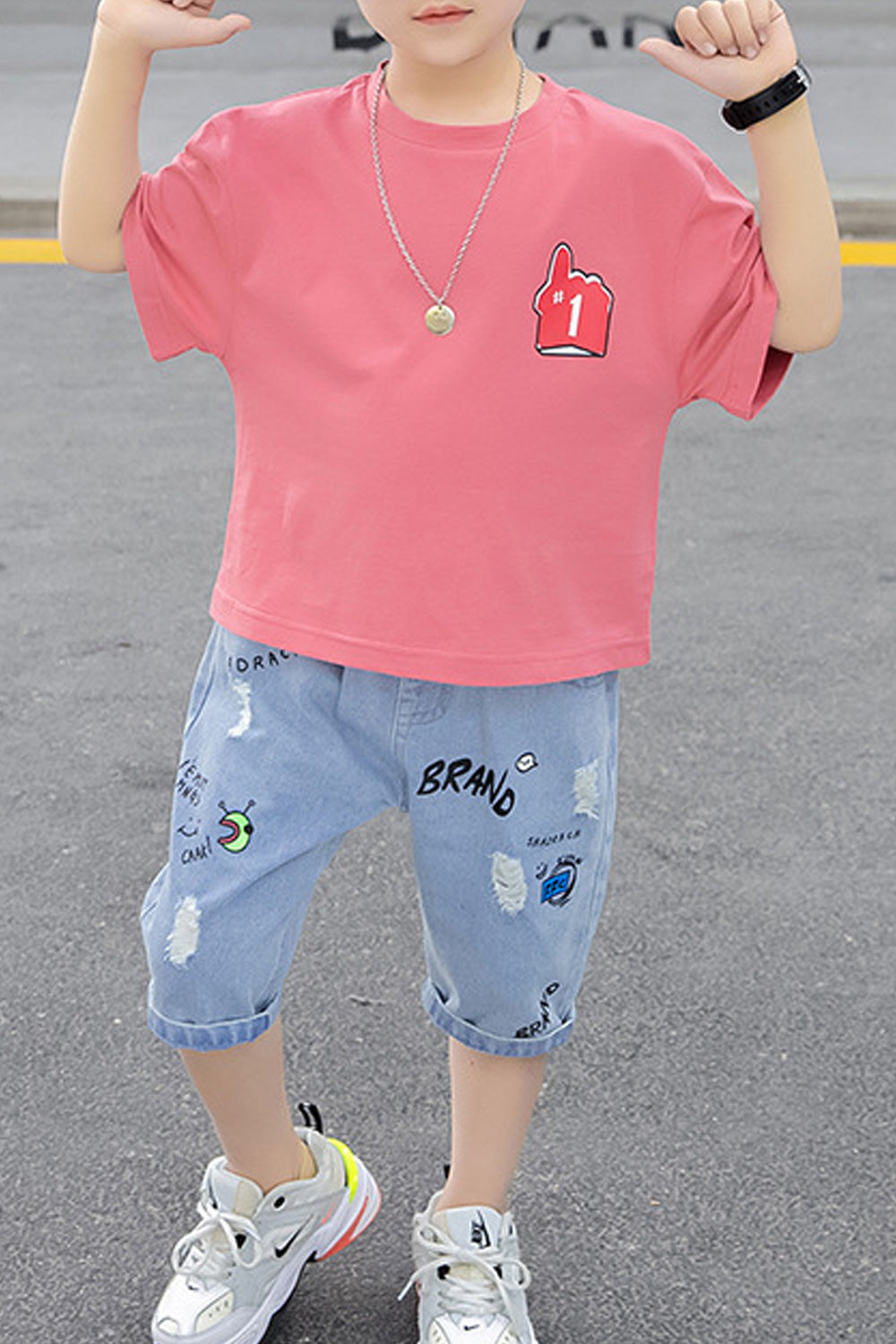 Kids Boys Denim Bottom Loose Short Sleeve T-Shirt Summer Outfit Set