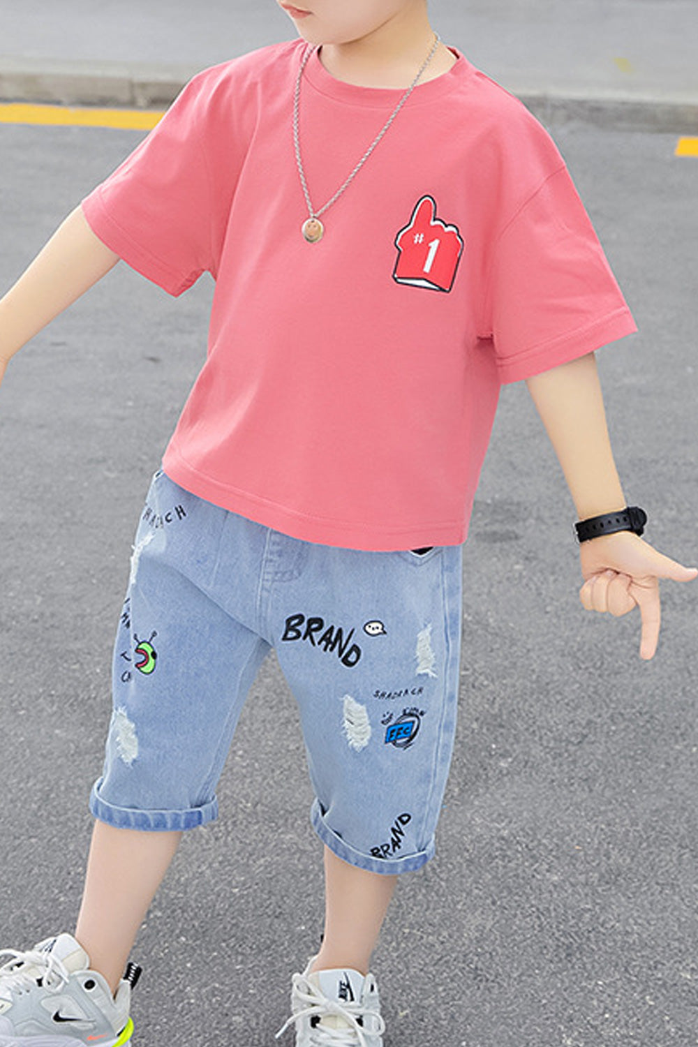 Kids Boys Denim Bottom Loose Short Sleeve T-Shirt Summer Outfit Set