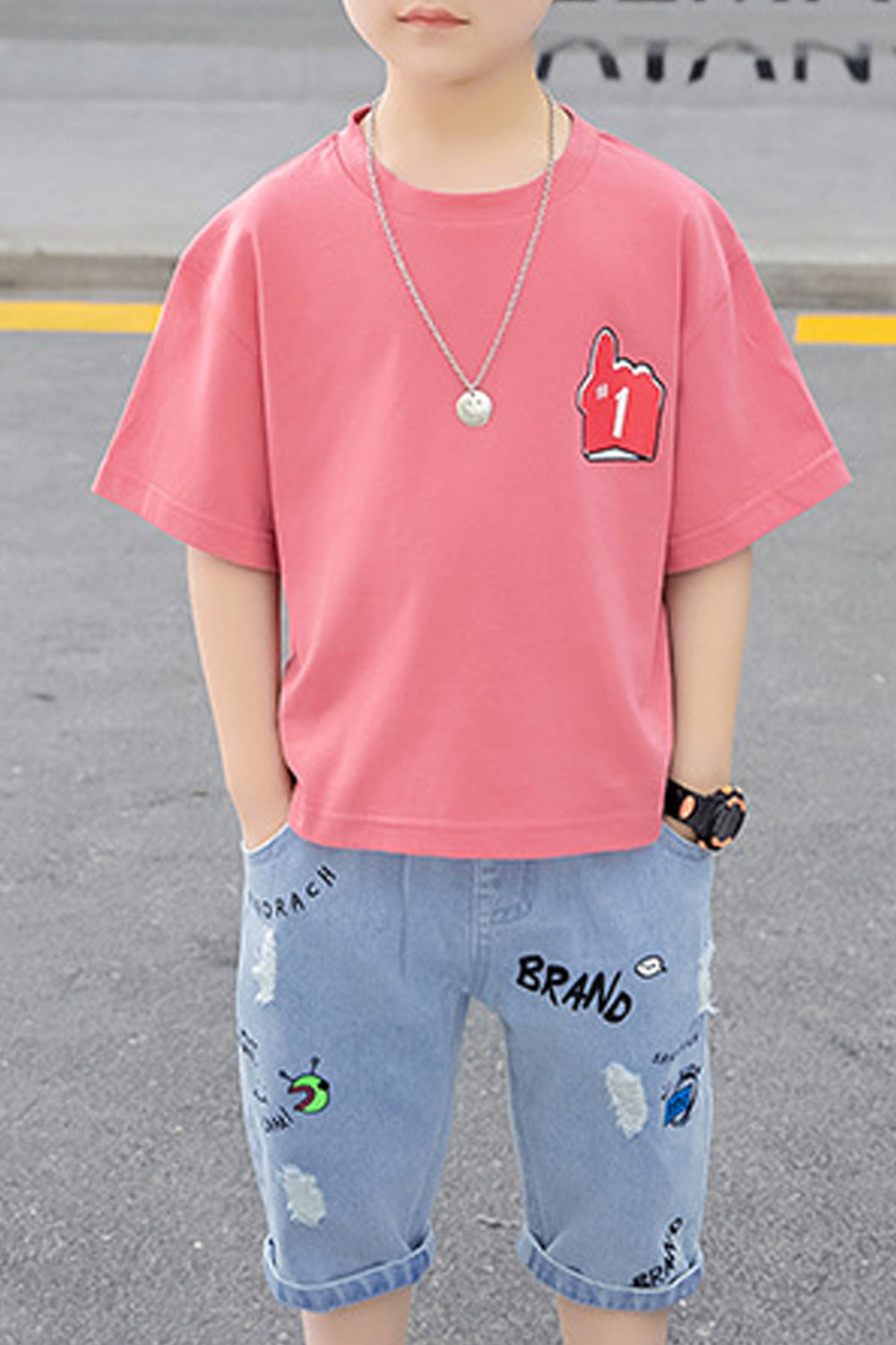 Kids Boys Denim Bottom Loose Short Sleeve T-Shirt Summer Outfit Set