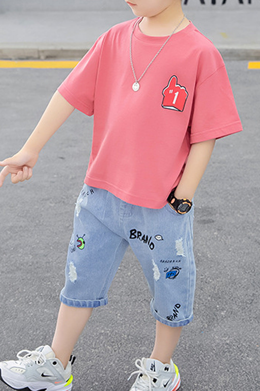 Kids Boys Denim Bottom Loose Short Sleeve T-Shirt Summer Outfit Set