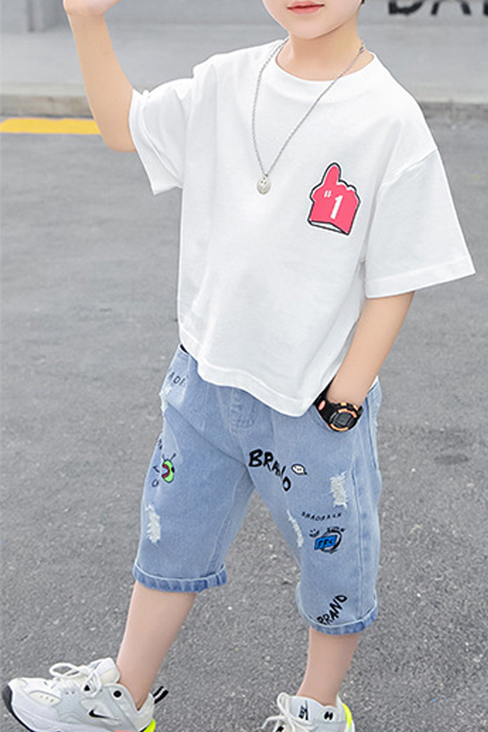 Kids Boys Denim Bottom Loose Short Sleeve T-Shirt Summer Outfit Set